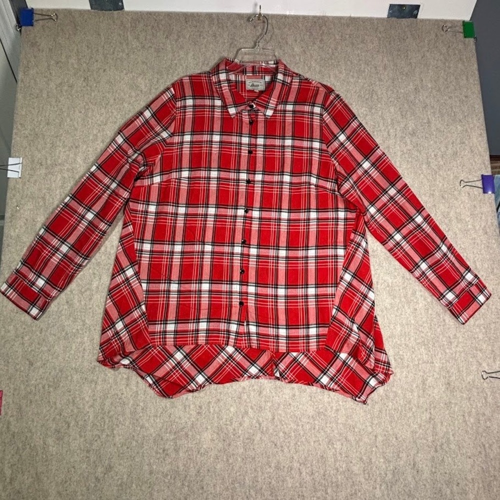 G.H. Bass Shirt Womens XL Red Rayon Plaid Button Down Sharkbite Hem Boho Classic